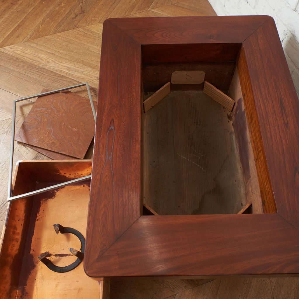 囲炉裏テーブル 関西長火鉢 銅張り 古民家家具 昭和レトロ 天然木材 欅 けやき 欅材 関西火鉢テーブル｜rocca rocca