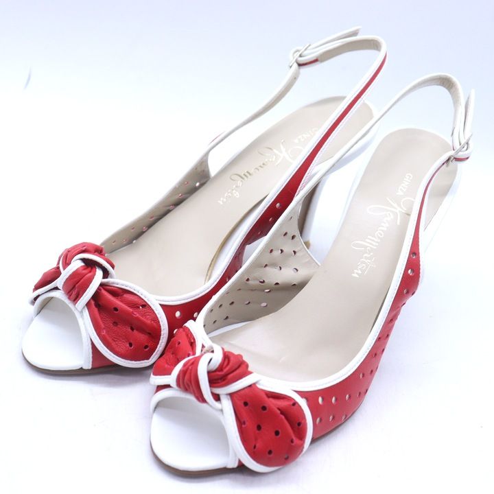 ☆銀座かねまつ リボンミュール エナメルレッド 23cm☆ 銀座かねまつ サンダル ハイヒール メッシュ ブランド 靴 日本製 赤 白