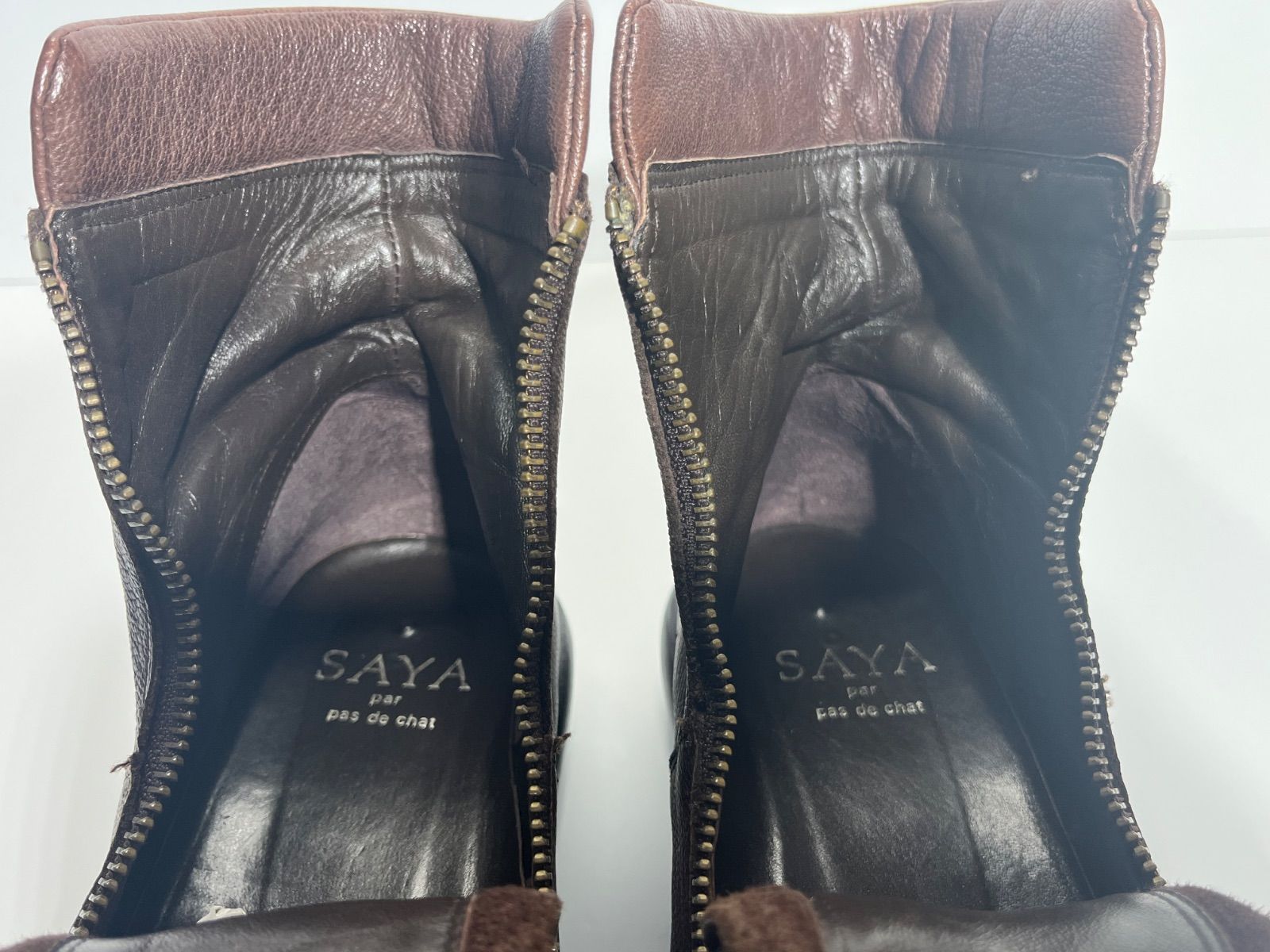 美品 SAYA サヤ ダブルジップ 本革 ショートブーツ ダークブラウン