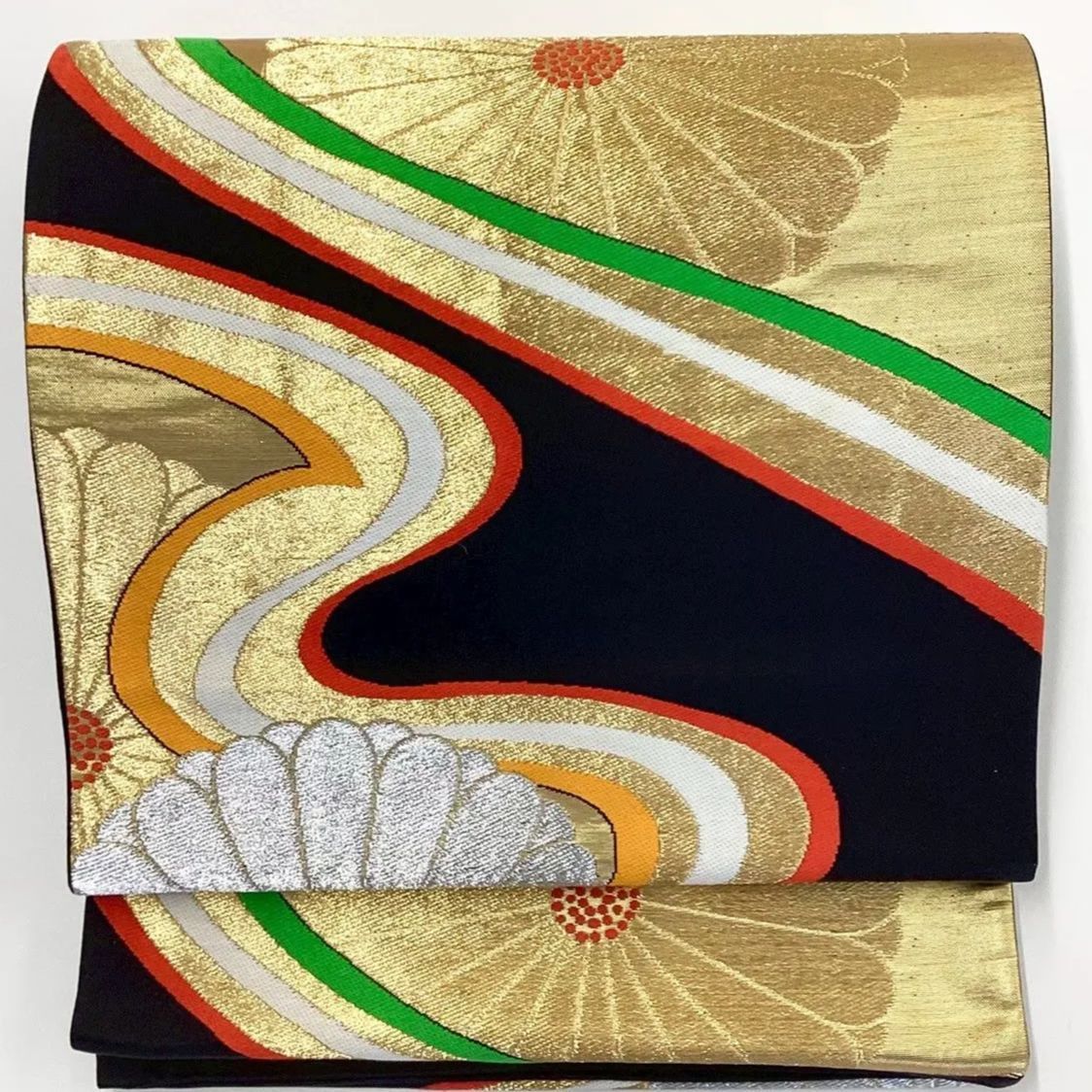 6672］袋帯 菊流水文様 金銀糸 六通 黒 正絹 着物 フォーマル - メルカリ