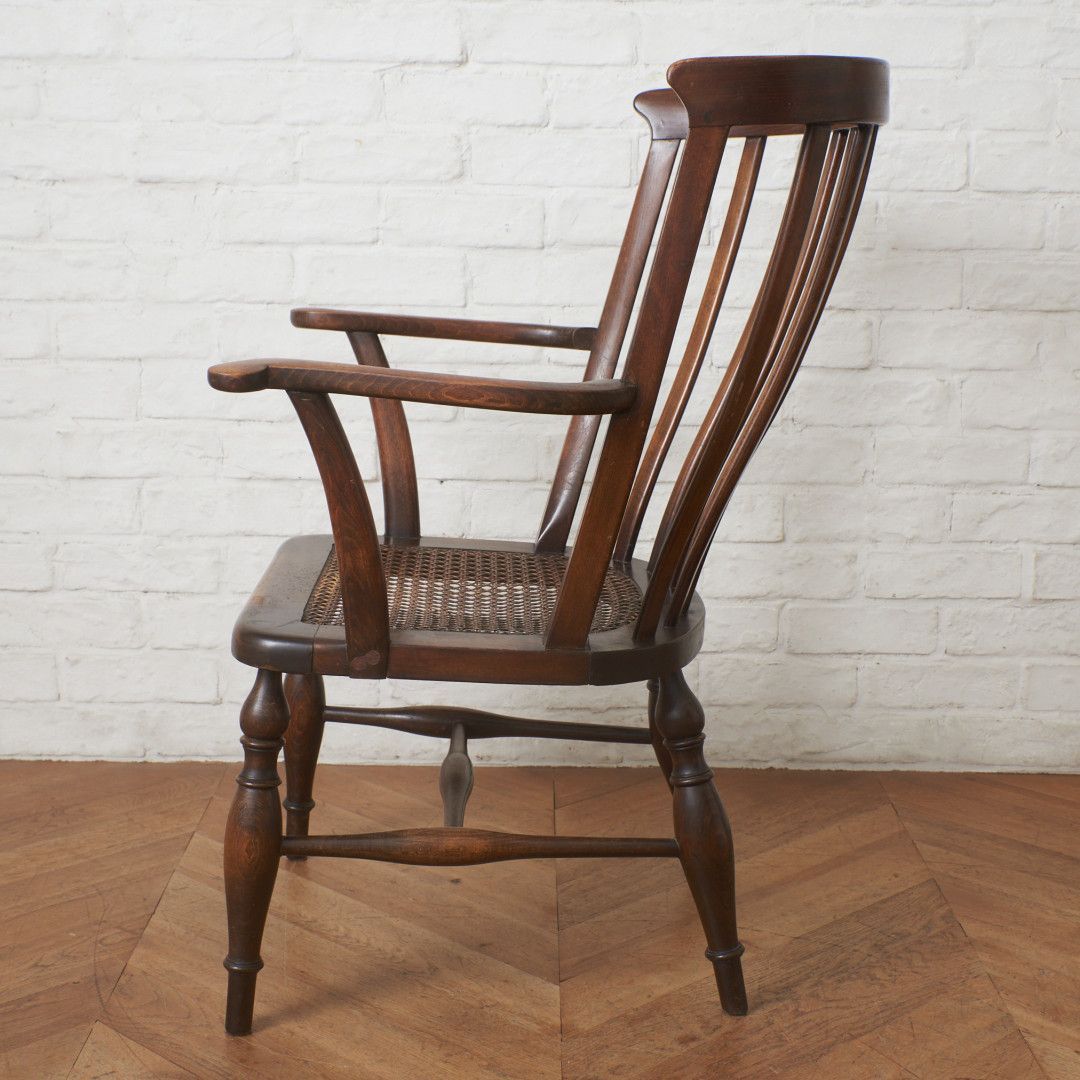 英国 アンティーク アームチェア 籐張り ビーチ 木製 椅子 ラタン