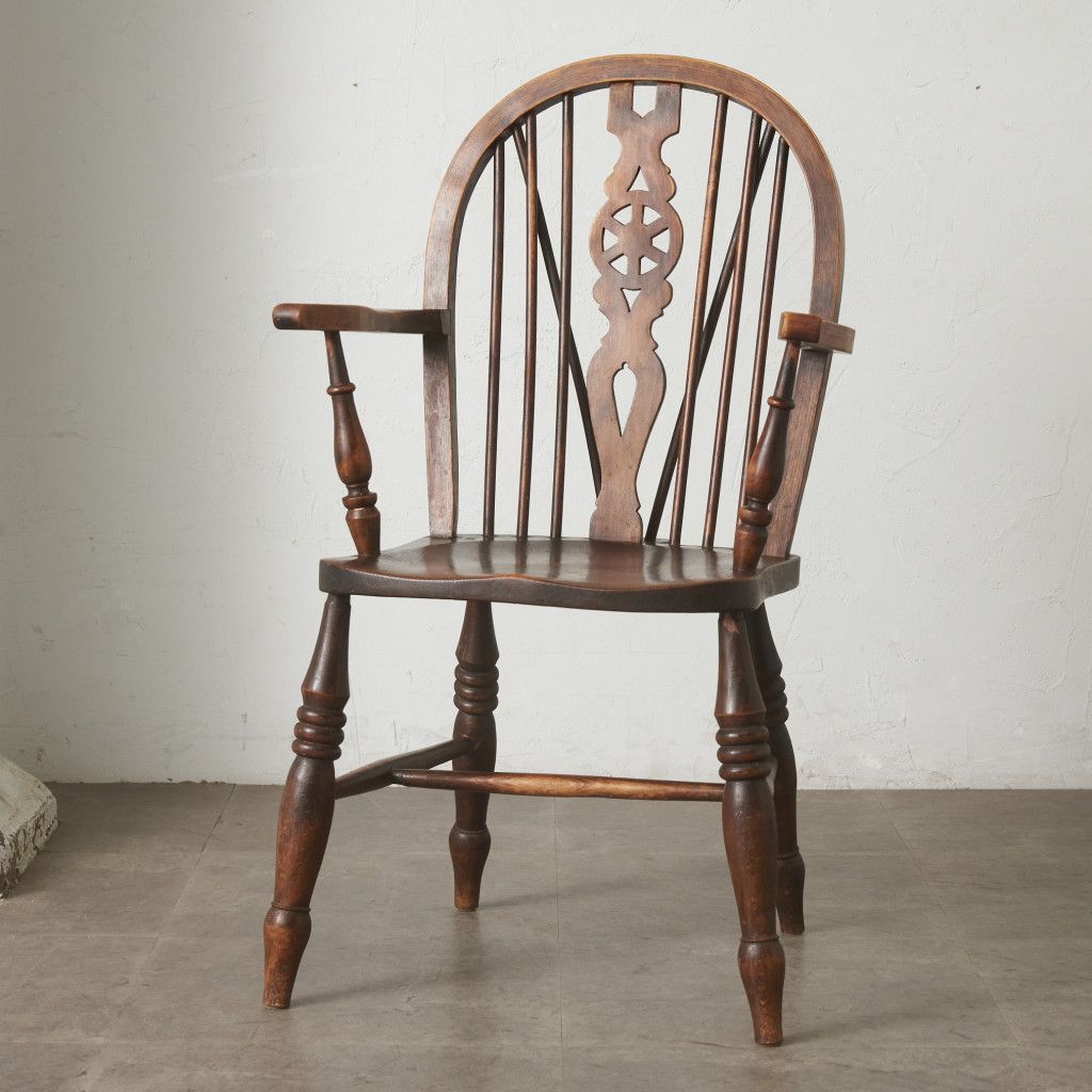英国アンティーク木製ホイールバックチェア/ダイニングイス/椅子(92-37