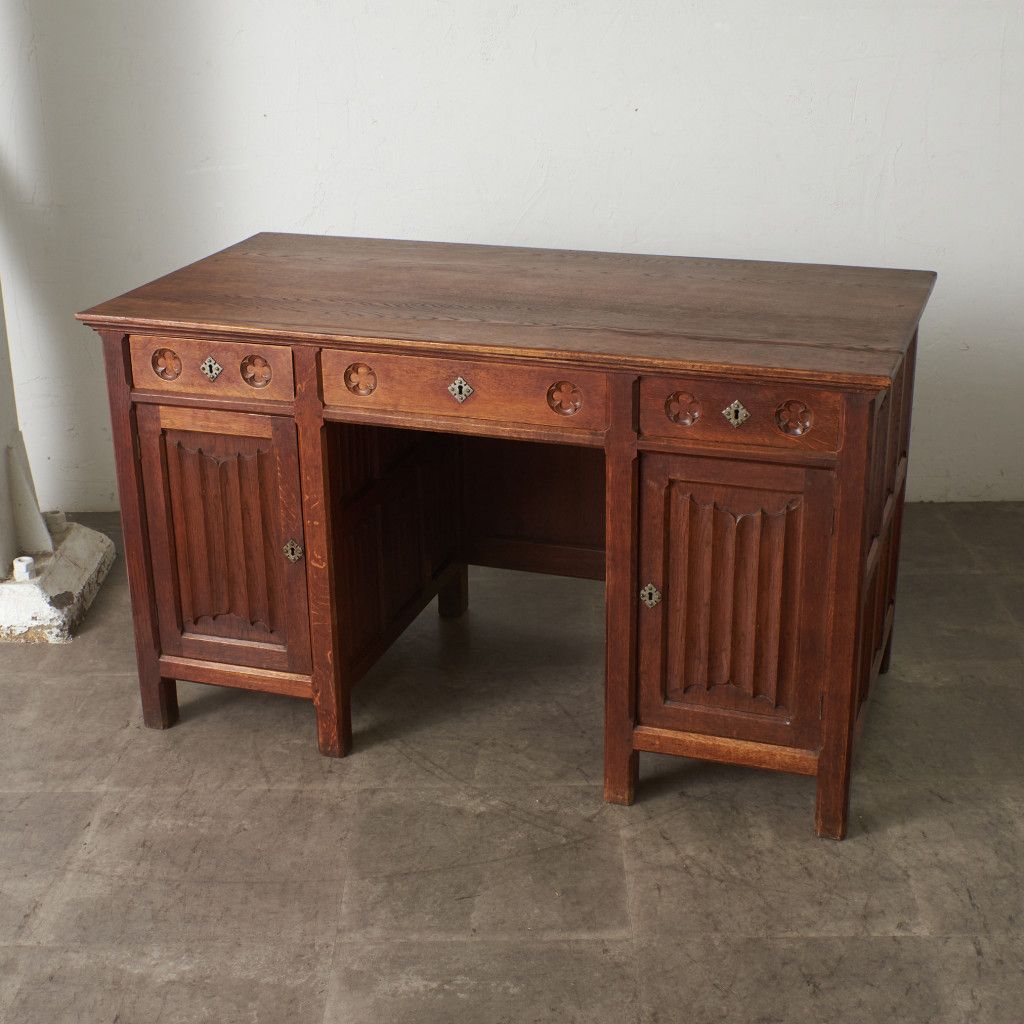 英国 アンティーク 両袖 デスク オーク 無垢材 机 リネンホールド 収納