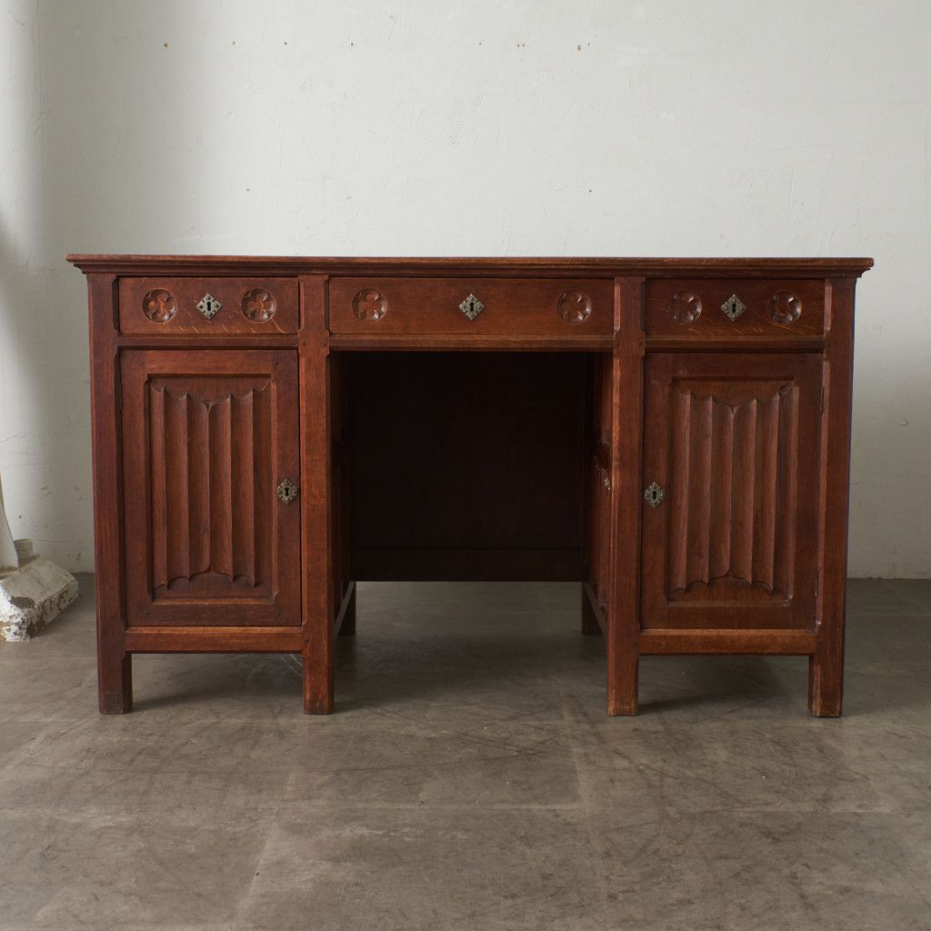 英国 アンティーク 両袖 デスク オーク 無垢材 机 リネンホールド 収納