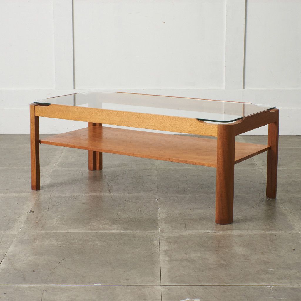 英国 Myer ヴィンテージ ガラストップ コーヒーテーブル チーク 棚付