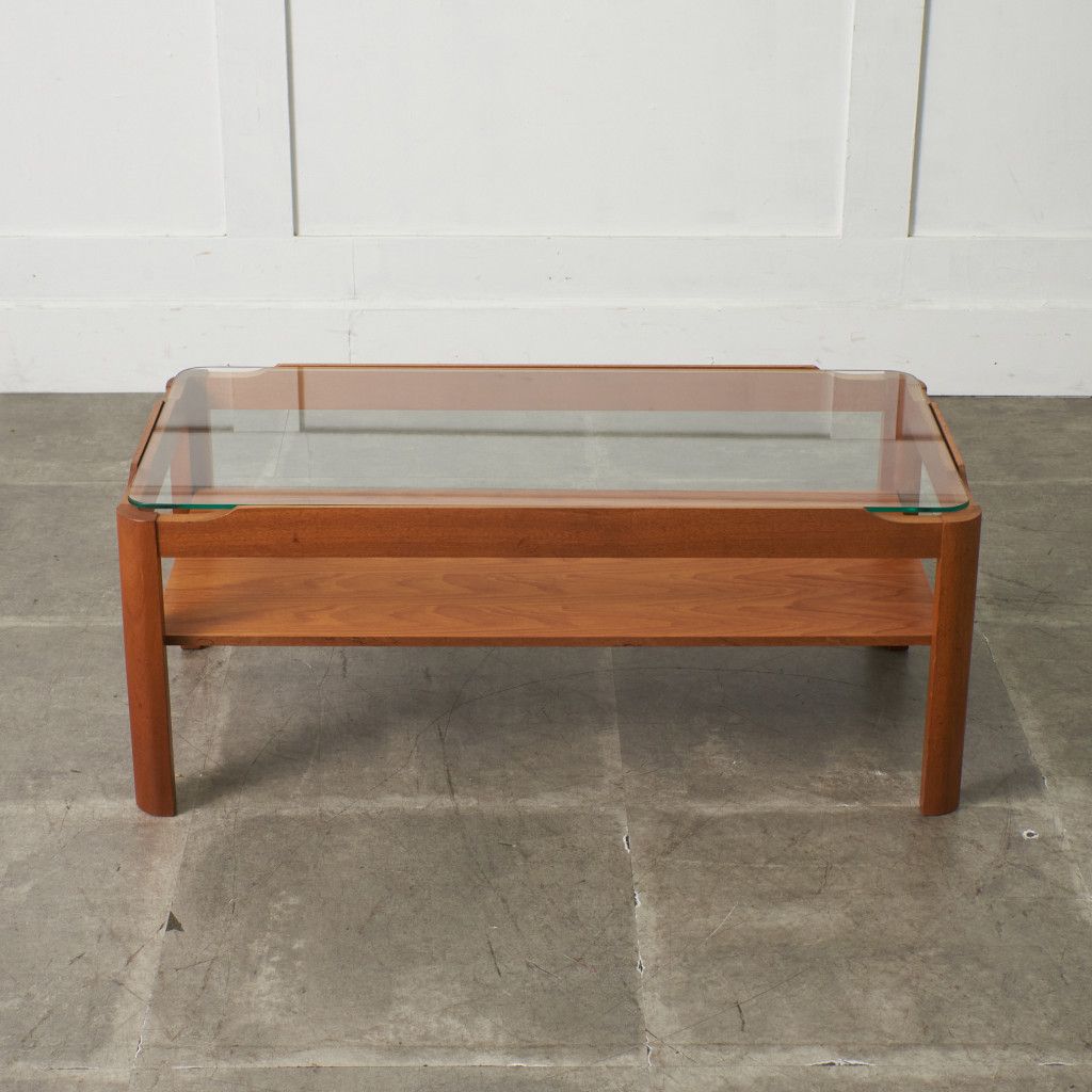 英国 Myer ヴィンテージ ガラストップ コーヒーテーブル チーク 棚付