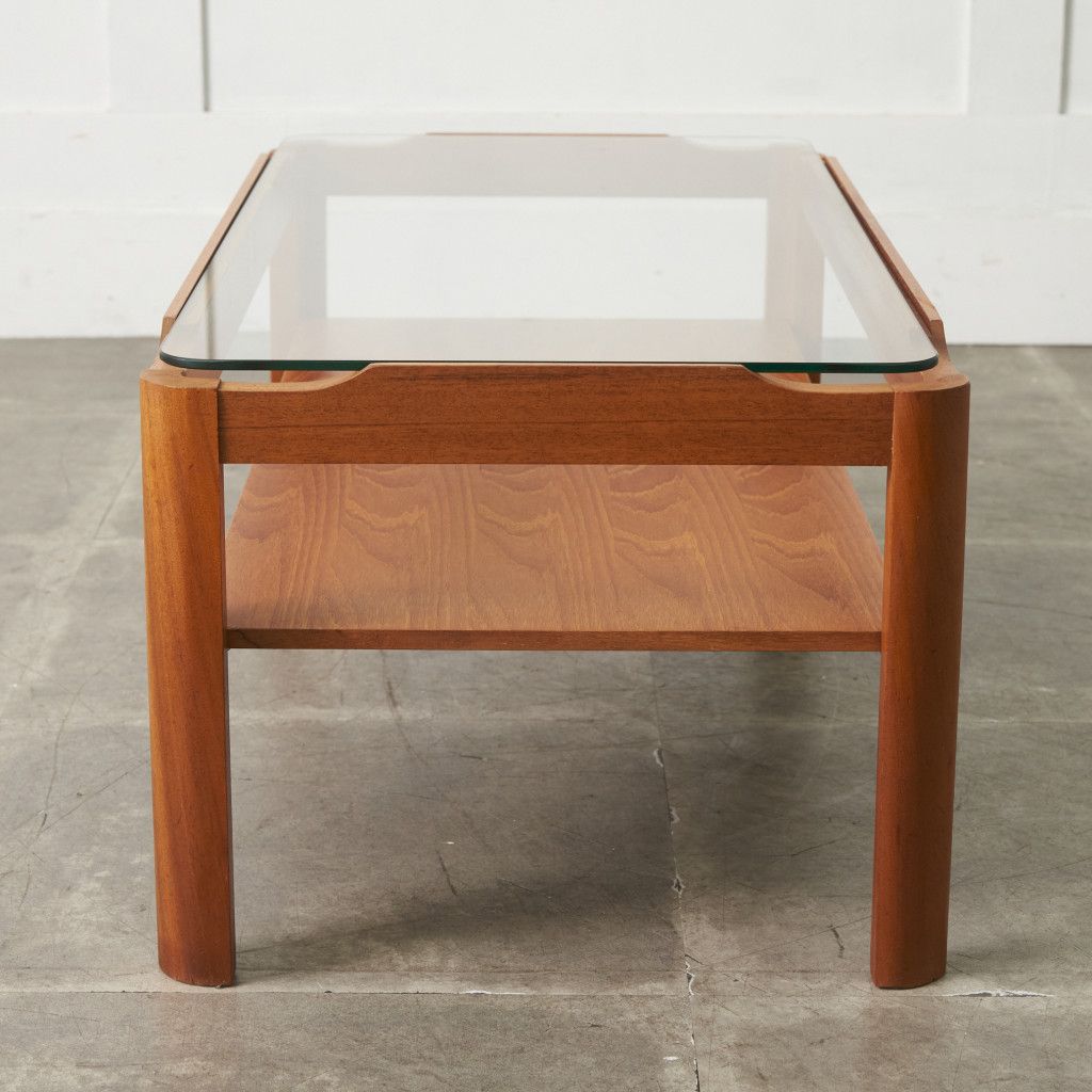 英国 Myer ヴィンテージ ガラストップ コーヒーテーブル チーク 棚付