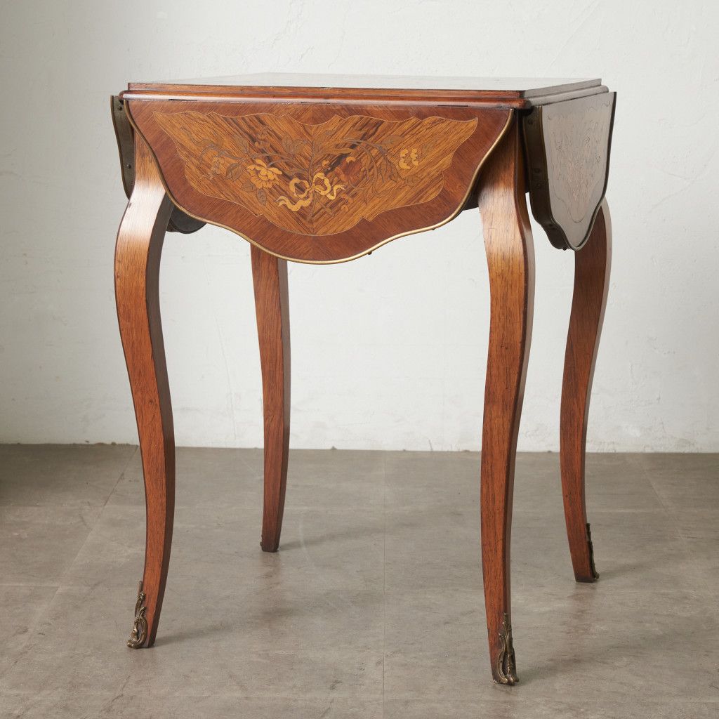 西洋 クラシック 木象嵌 ドロップリーフ ダイニングテーブル 木彫刻