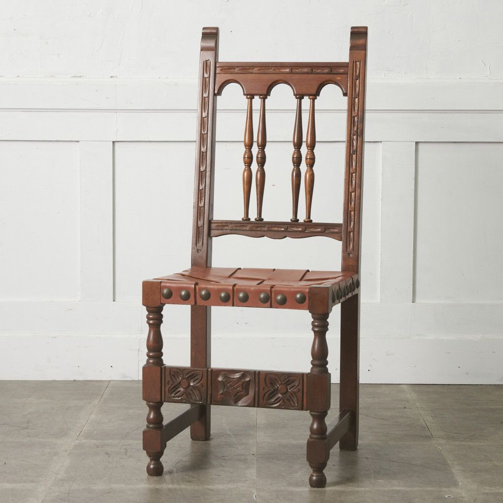 UK ヴィンテージチェア スペイン ヴィンテージ ダイニングチェア 本革 木彫刻 ビーチ 無垢材