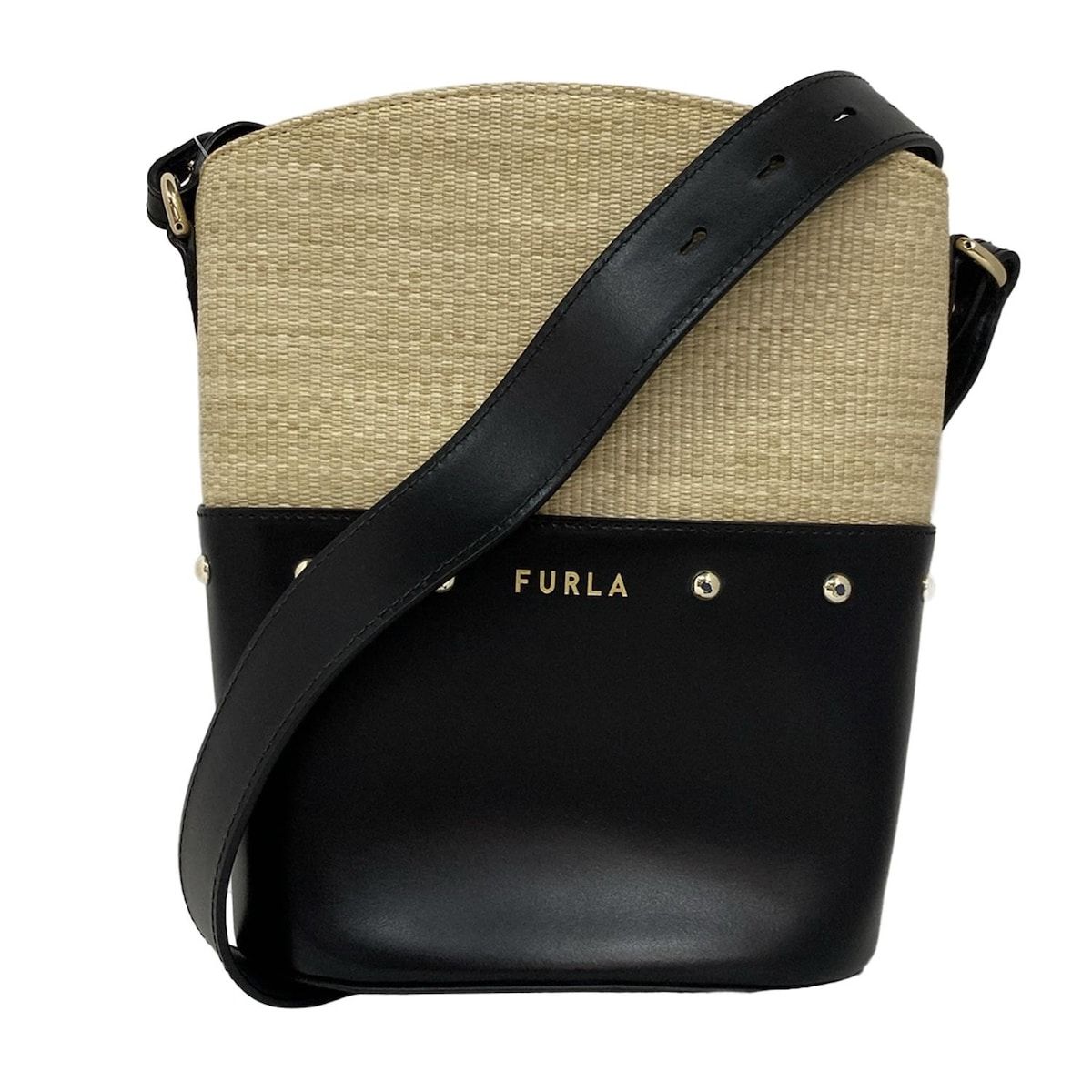 FURLA スタッズ付きショルダーバッグ 黒/ベージュ FURLA(フルラ) ショルダーバッグ - 黒×ベージュ バイカラー/スタッズ
