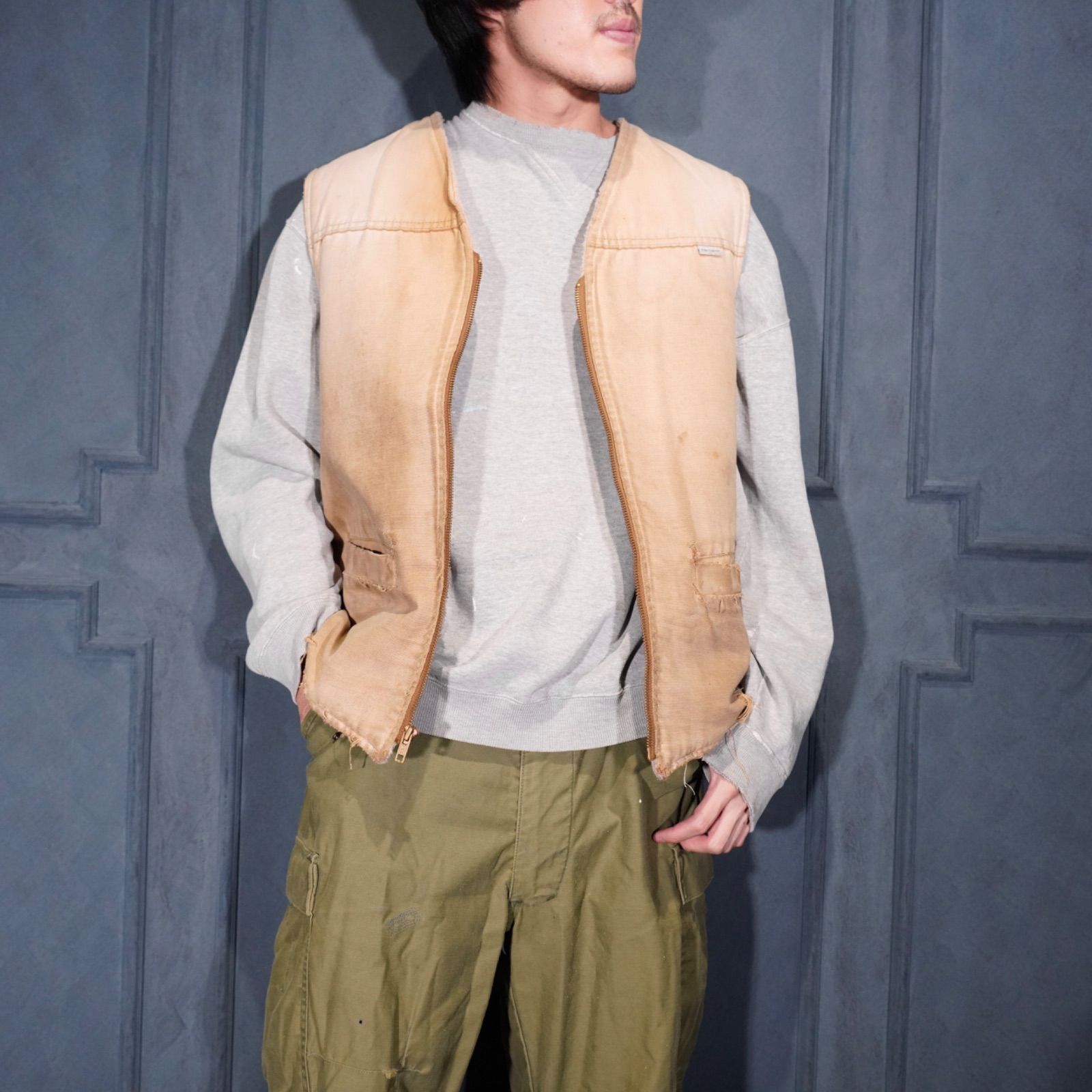 80's USA VINTAGE Carhartt BORO FADED DESIGN ZIP UP DUCK VEST/80