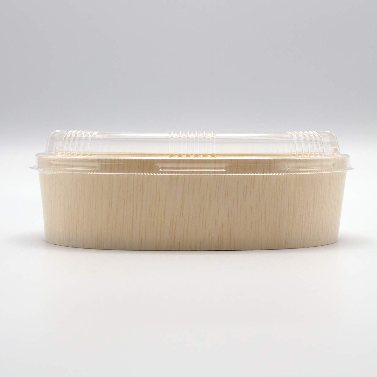 KAYU PACKAGE 楕円 DAEN 木製 容器 Mサイズ 120 x 170 45 mm プラ製 透明蓋 フタ付 セット 使い捨て