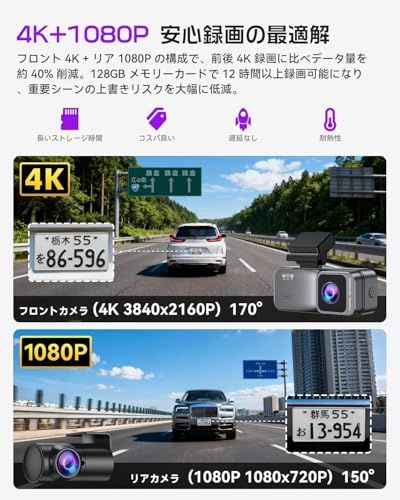 4 Kドライブレコーダー 前後カメラ 超強暗視 ナンバーくっきり録画 WiFi スマホ連携 3インチ液晶 小型 ドラレコ IMX 678搭載 HDR補正 170°広角 GPS＆Gセンサー搭載 24時間駐車監
