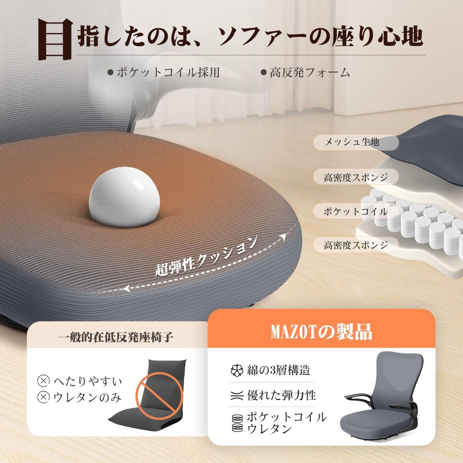 商品 10分簡単組み立て 腰痛対策 人間工学 和室オフィスチェア メッシュ 通気性 椅子 疲れない ライトグレー デスクチェア 360度回転 回転座椅子 座椅子