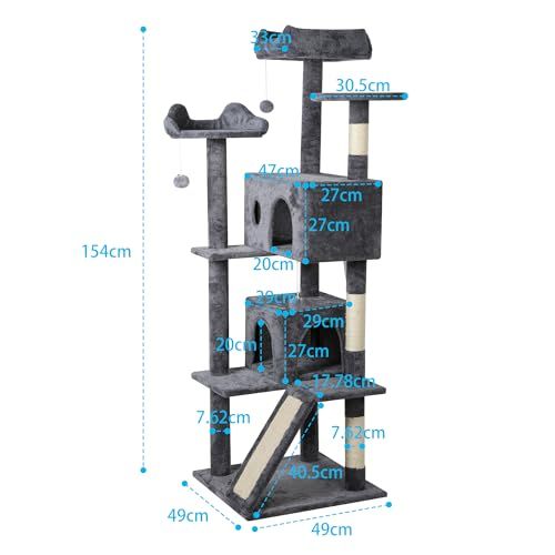 Saiveina キャットタワー 猫タワー 大型多頭飼い 据え置き スリム設計 安定感 見晴台ねこハウス ボンボン 天然麻紐 爪とぎ 隠れ家 運動不足解消 高さ154 cm グレーp 0 ad 22 c 75