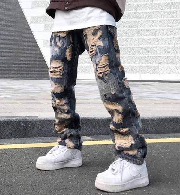 ジーンズ メンズ ダメージ ルーズ デニム ワイルド 韓国