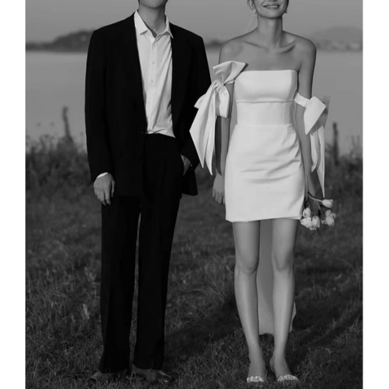 セクシー ウェディングドレス ショート サテン リボン 韓国