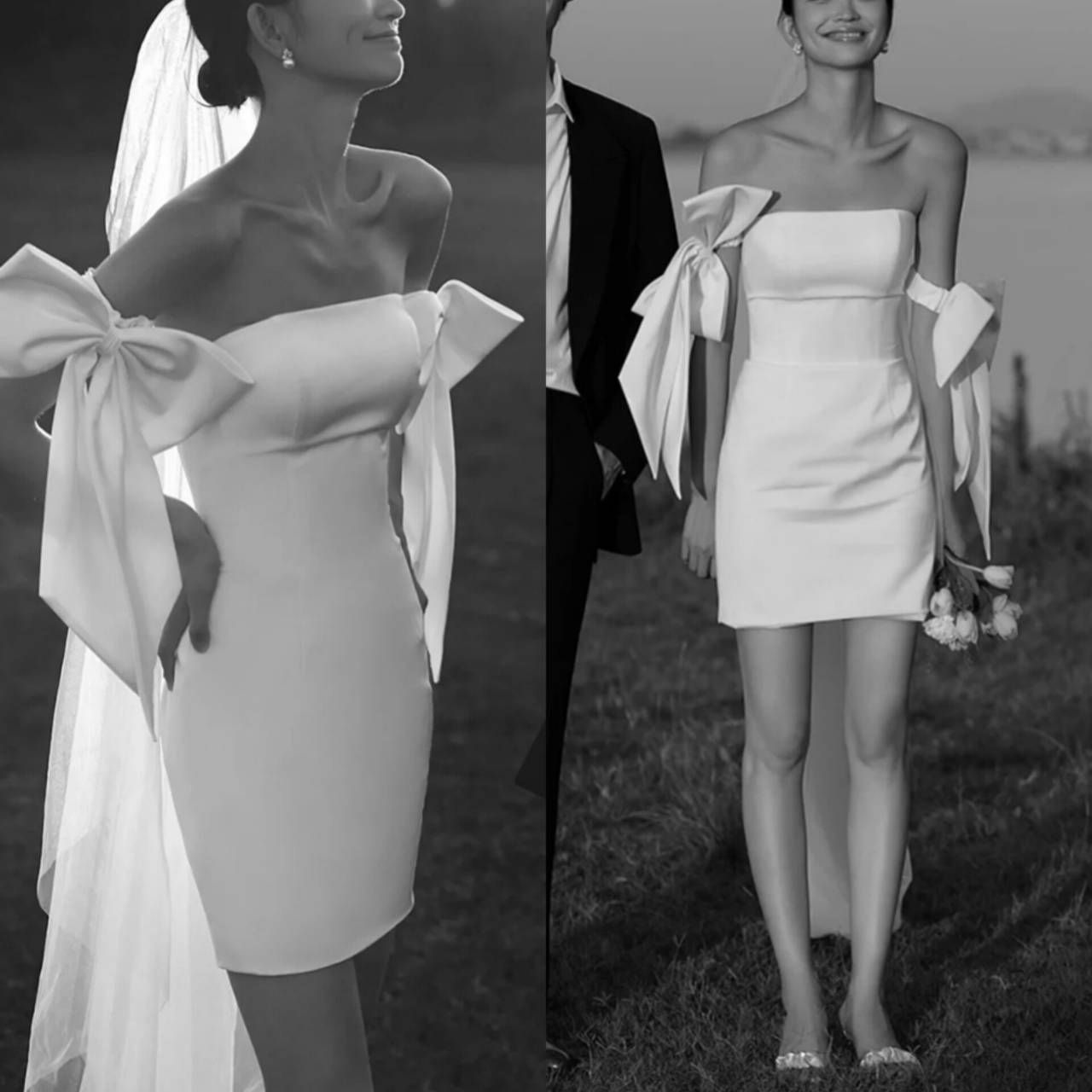 セクシー ウェディングドレス ショート サテン リボン 韓国