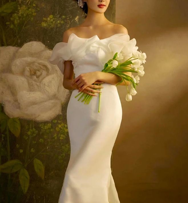 マーメイド ウェディングドレス フリル ロング エレガント 韓国