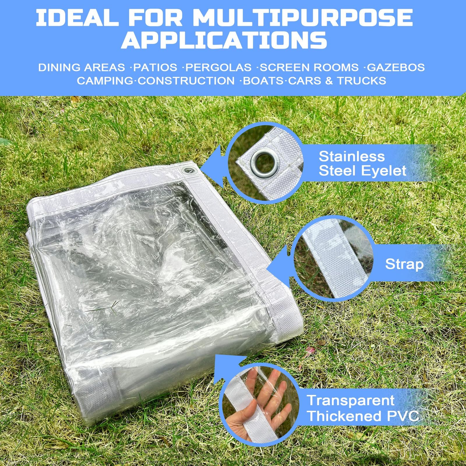  クリアタープ 2.5 m x 6 500 g|㎡のビニール防水クリアシート グロメット付きプラスチックシートエッジ二重縫い目補強 耐久性の高いタープ防水 リップストップ ひも ロープ 梱包 テープ