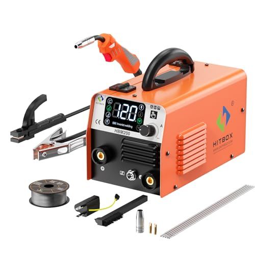HITBOX HBM 200 半自動溶接機 100 V V兼用 1台3役 アーク溶接機 小型 家庭用溶接機 最大出力200 A 薄板と板厚対応 ノンガスMIG|被覆アークMMA|LIFT TIG 溶接 定格使用率40％ インバーター 溶接ワイ