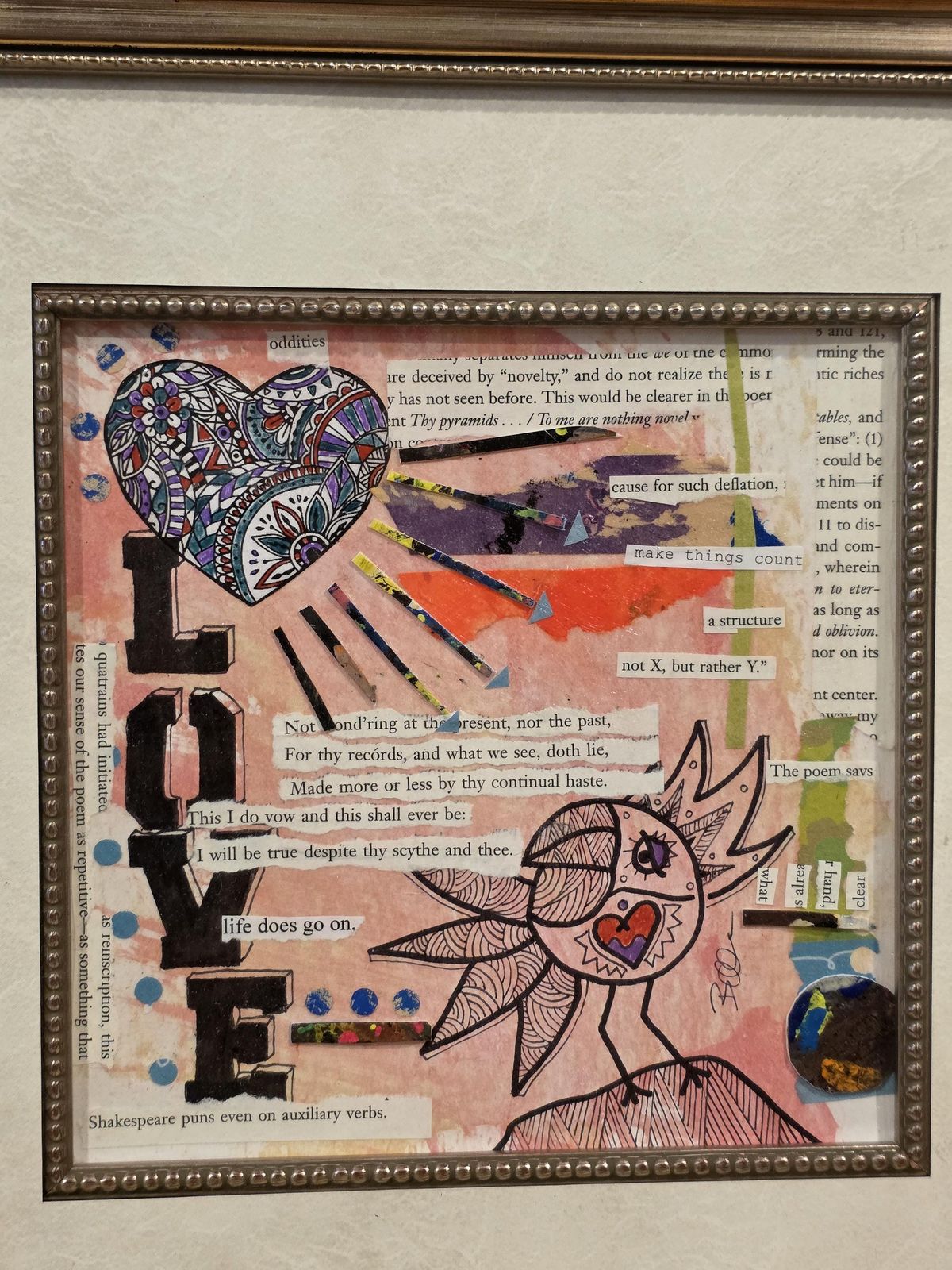 美徳の鳥コラージュ、混合技法絵画、ボヘミアン風額装アート（14x14