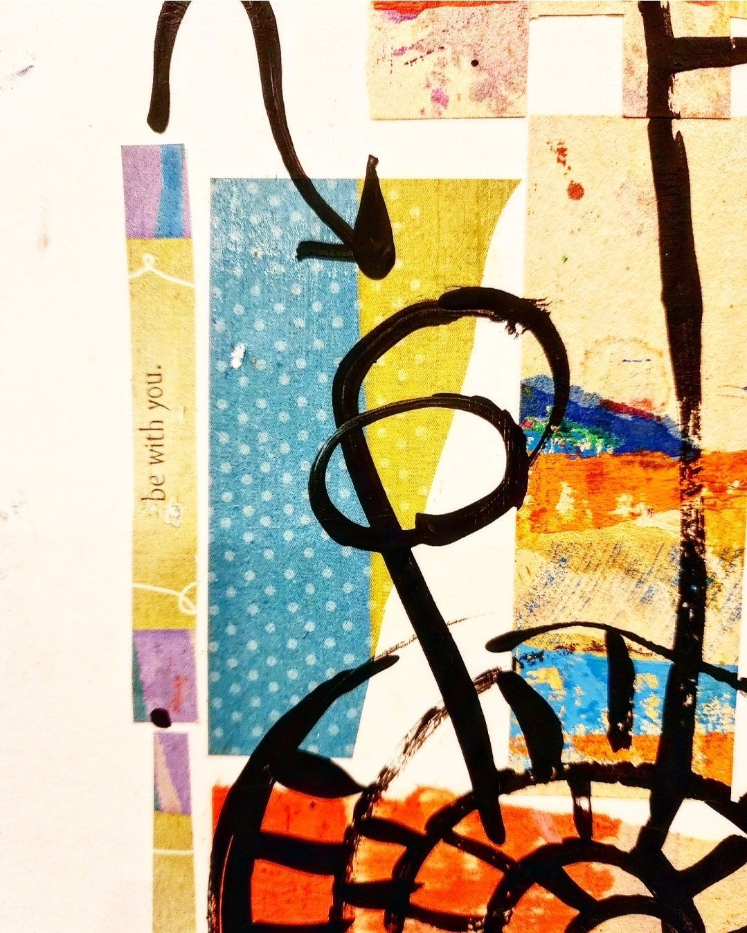 抽象コラージュ、ミクストメディア作品、手漉き和紙絵画（18x24