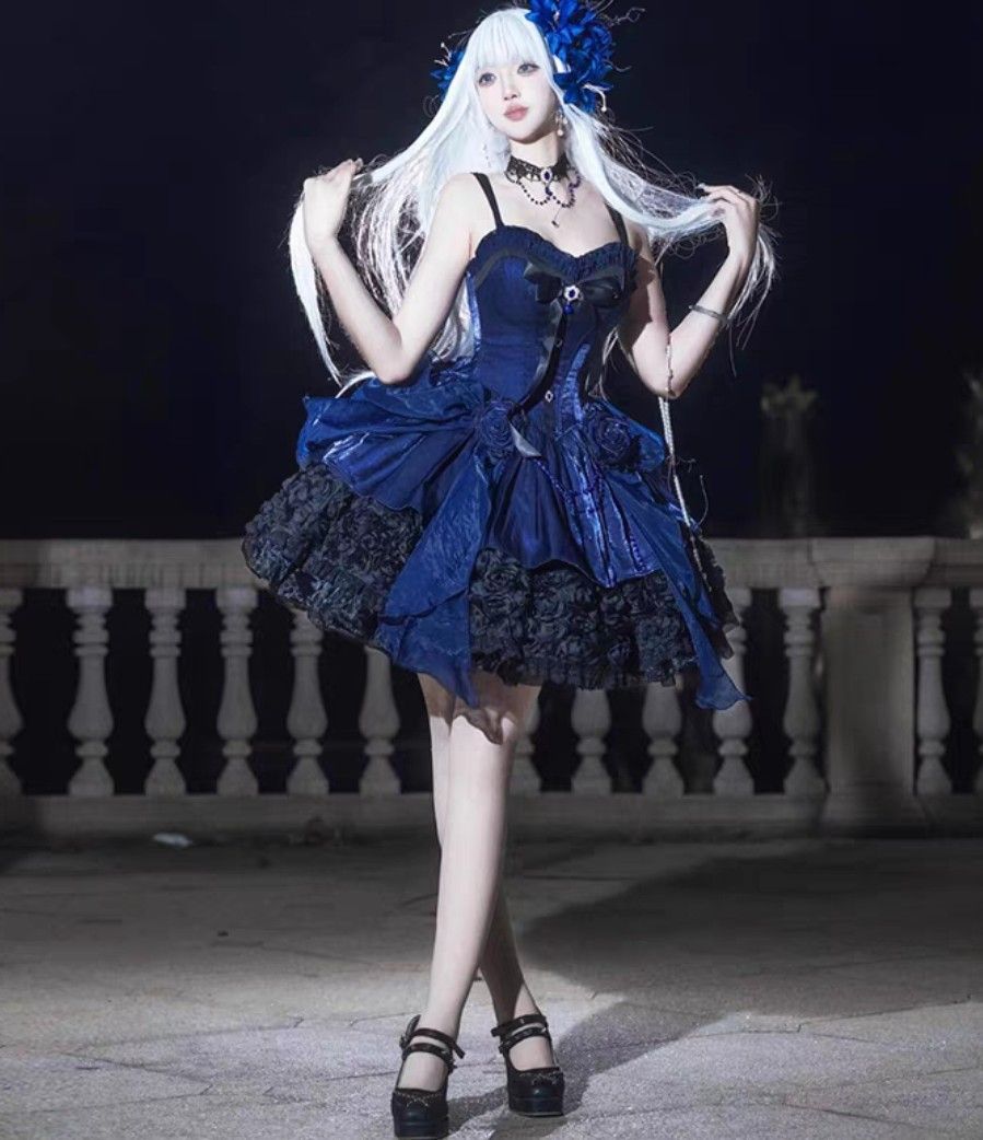 2点セット ゴシック ロリータ ワンピース ドレス トレーン ネイビー