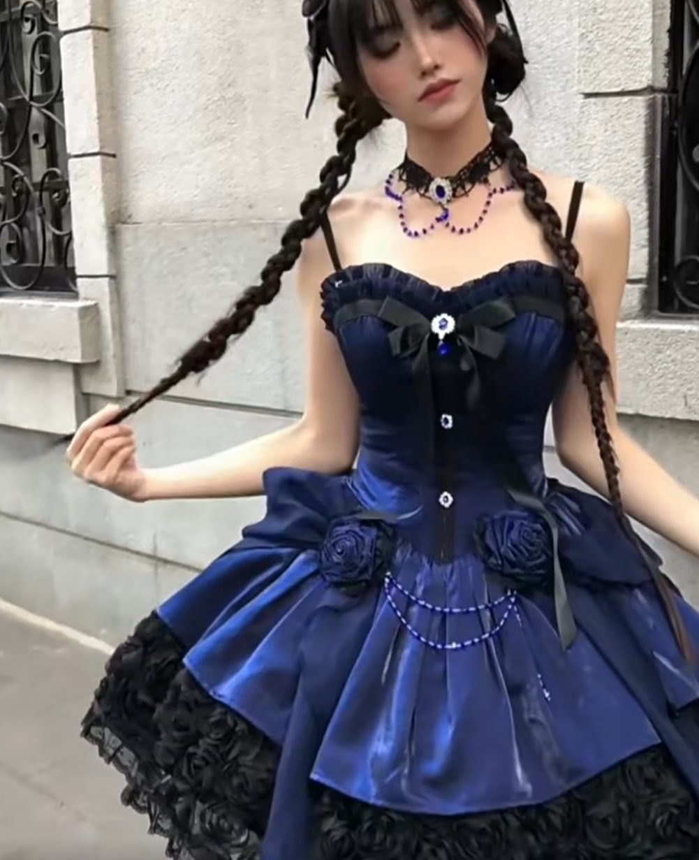 2点セット ゴシック ロリータ ワンピース ドレス トレーン ネイビー