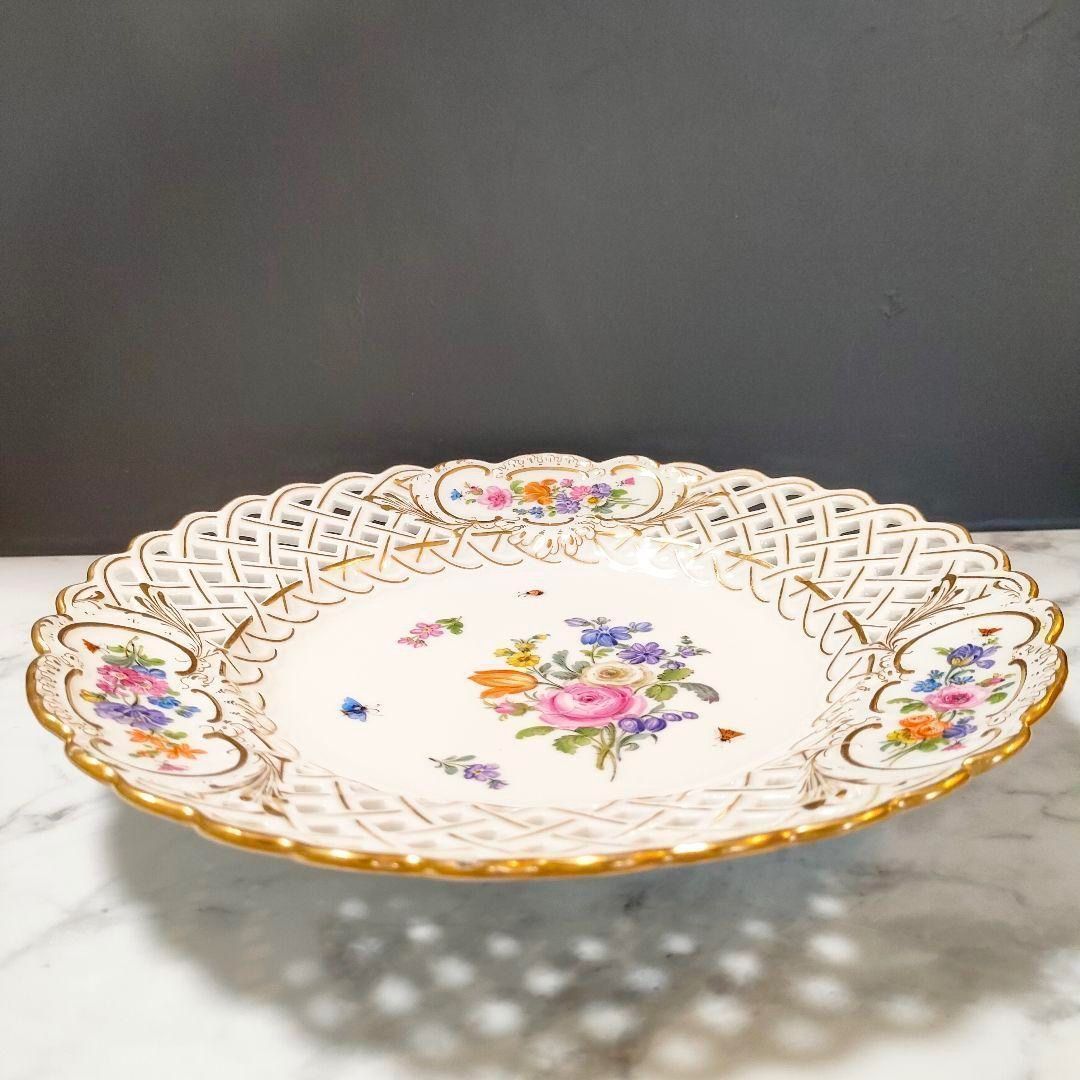 24㎝★マイセン 昆虫 ピアスエッジ ピンクローズ金彩 透かしプレート 希少品 24㎝☆マイセン ピンクローズ ピアスエッジ 昆虫 金彩 透かしプレート