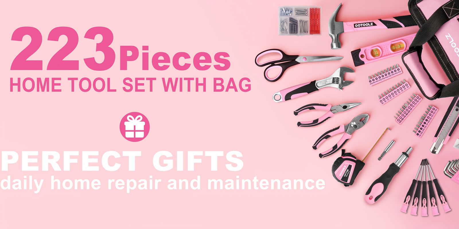  223点大容量 ピンク DIY工具セット 多機能 収納ケース付き 家庭用 日曜大工から修理まで幅広く活躍 女性にも その他 ドライバー レンチ