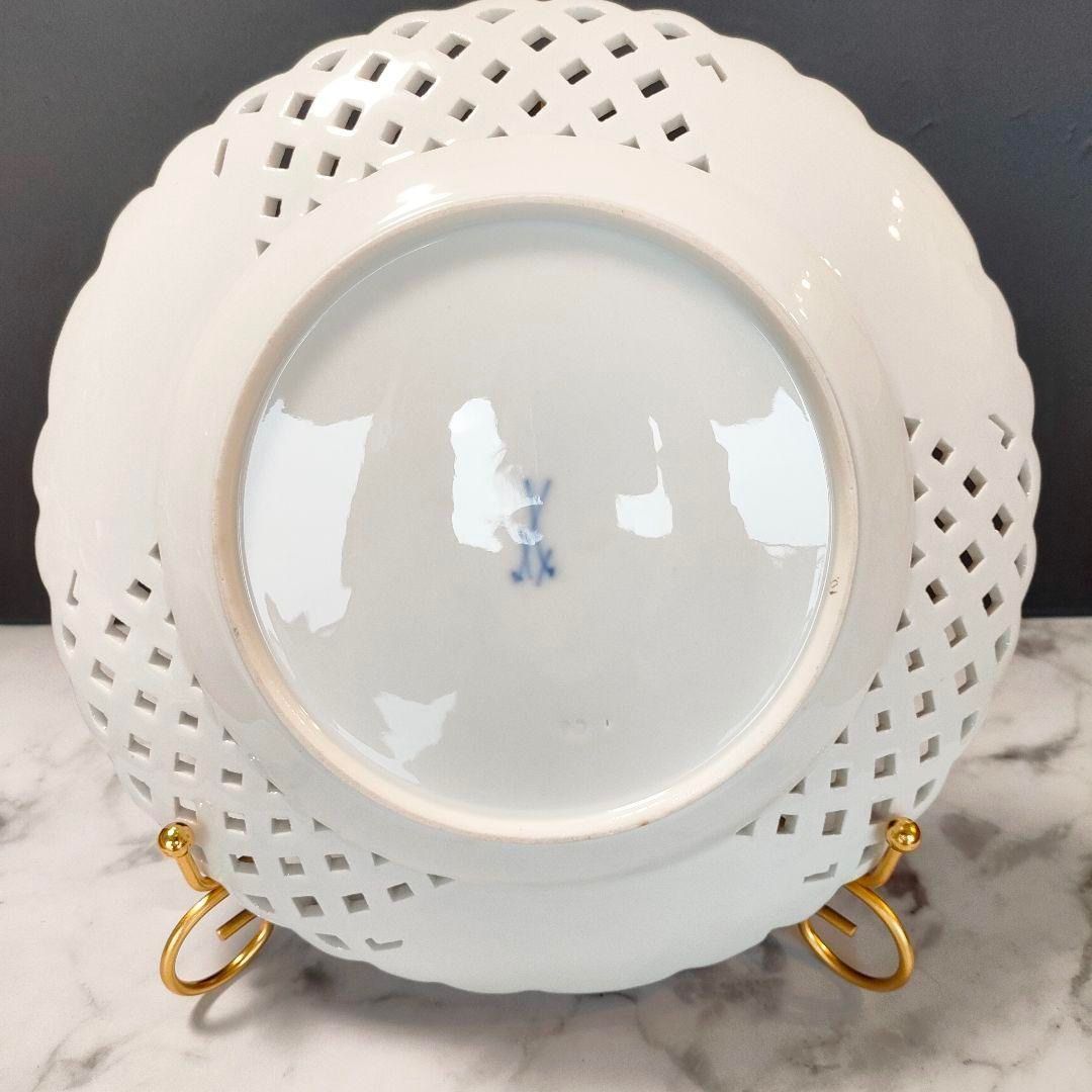 24㎝☆マイセン 美品 透かしプレート ピンクローズ 昆虫 金彩 ピアス