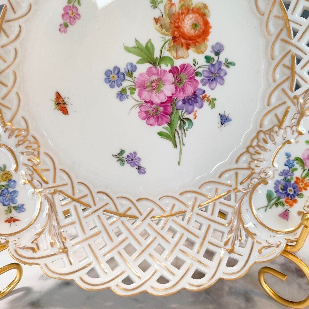 24㎝☆マイセン 美品 透かしプレート ピンクローズ 昆虫 金彩 ピアス