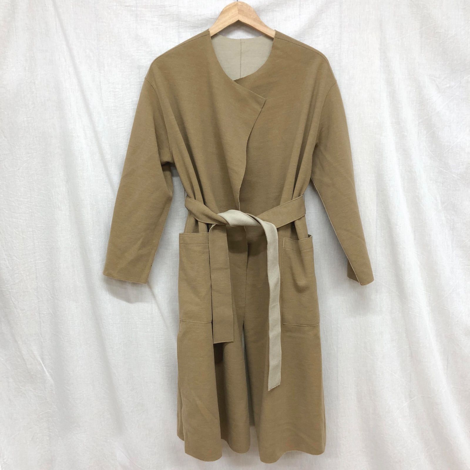 1/14まで値下げ【ROPE】ベージュ ガウンロングコート36 ROPE ダブルフェイス リバーシブル ノーカラーコート ガウンコート