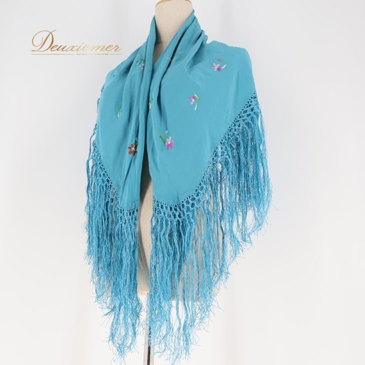 フラメンコ 衣装 マントン シージョ 青 フレコ 刺繍 軽い くすみカラー