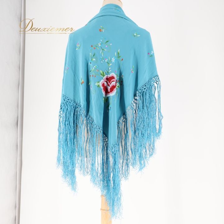 フラメンコ 衣装 マントン シージョ 青 フレコ 刺繍 軽い くすみカラー