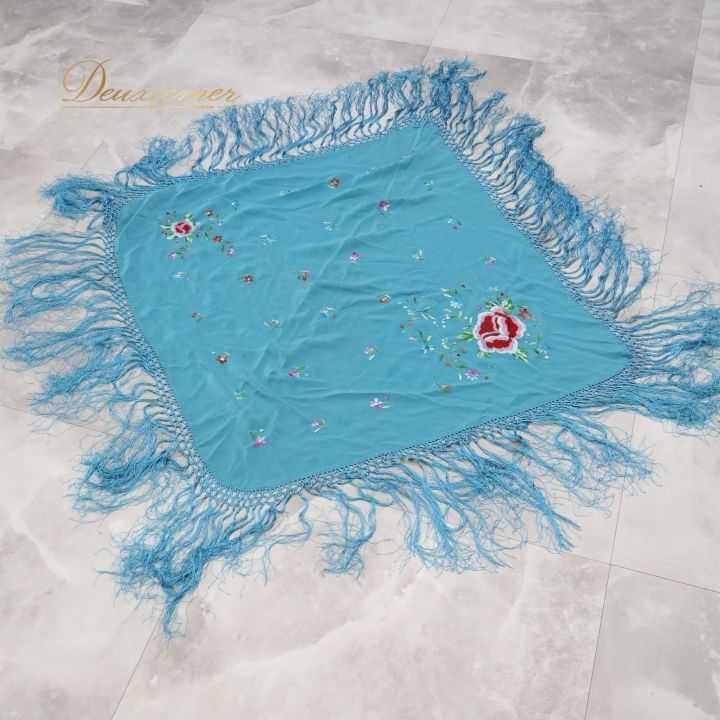 フラメンコ 衣装 マントン シージョ 青 フレコ 刺繍 軽い くすみカラー