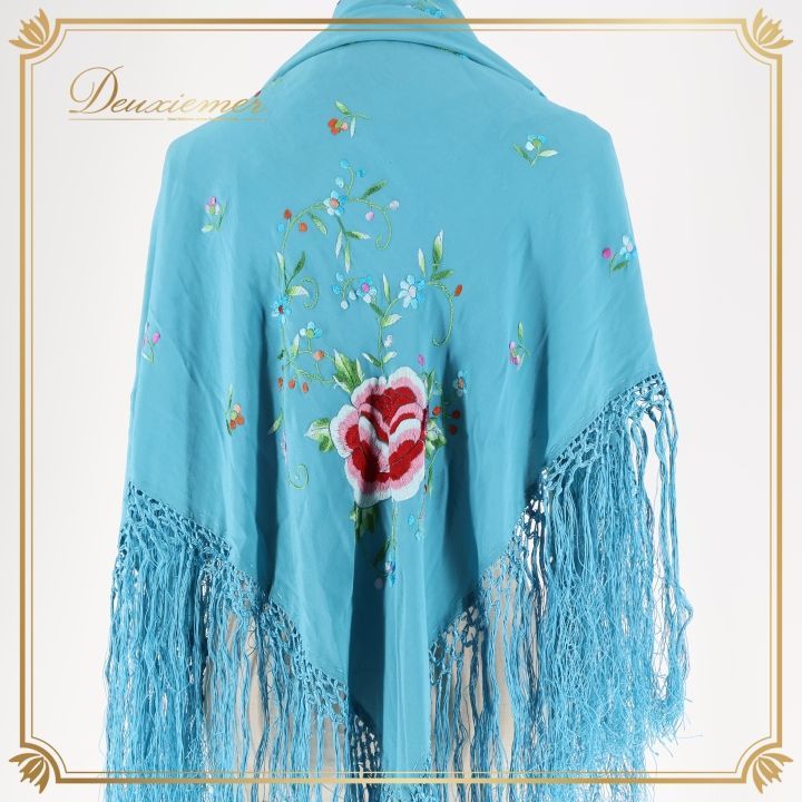 フラメンコ 衣装 マントン シージョ 青 フレコ 刺繍 軽い くすみカラー