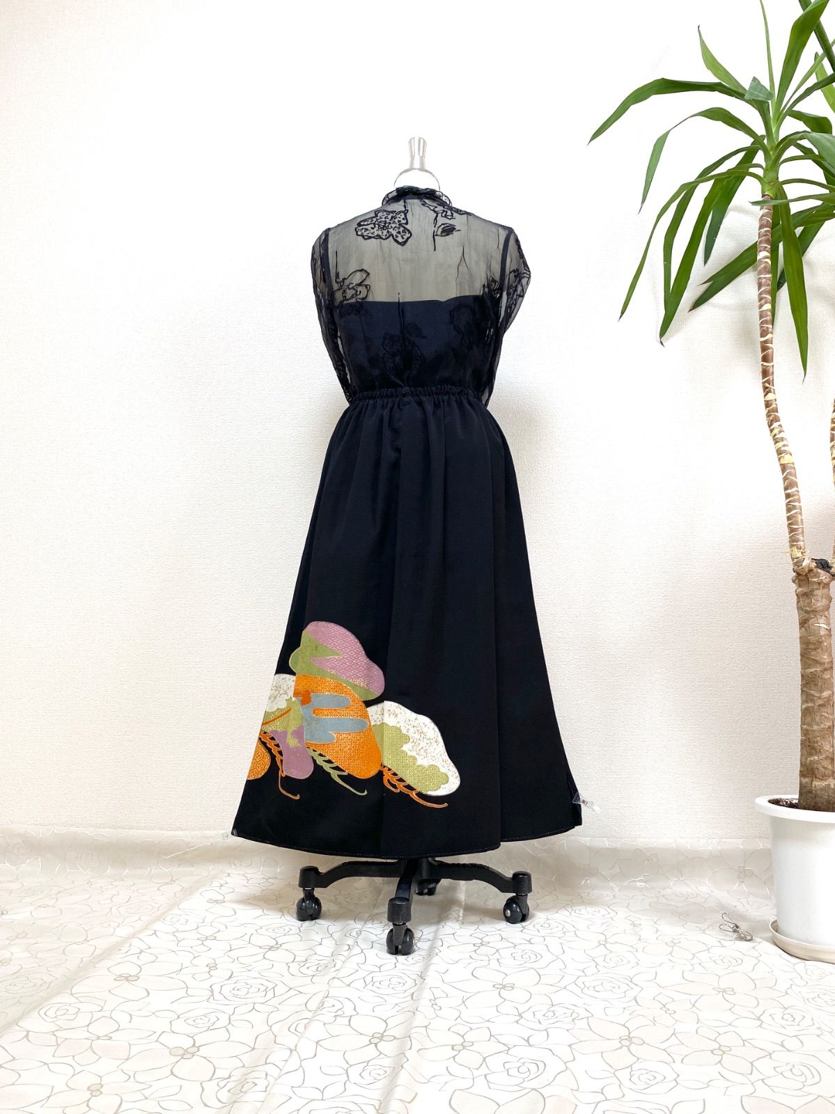 大人可愛いセレブ着物スカートフリーサイズ黒留袖着物リメイクロングスカート5850 大人可愛いセレブ着物スカートフリーサイズ黒留袖着物リメイクロング