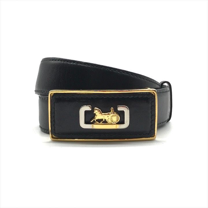 良品 CELINE セリーヌ 馬車金具 レザー ベルト GP金具 ブラック