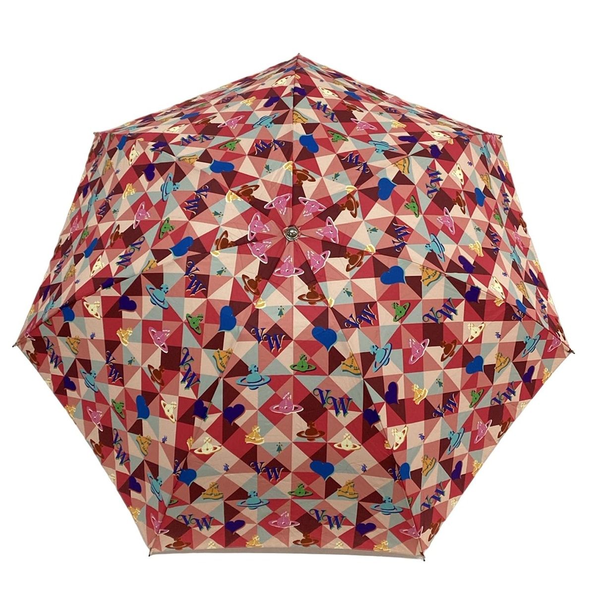 美品軽量ヴィヴィアンウエストウッド折りたたみ傘オーブ柄レッド総柄 ヴィヴィアンウエストウッドアクセサリーズ 折りたたみ傘美品 - レッド