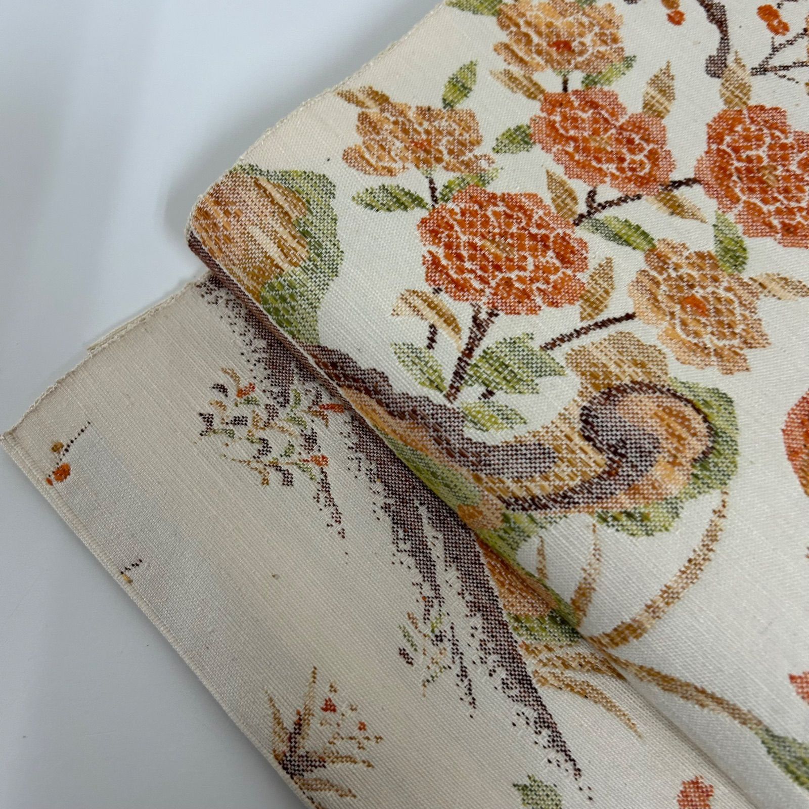 名古屋帯 正絹 真綿紬 孔雀 花草の織柄 八寸 MA-3437 - メルカリ