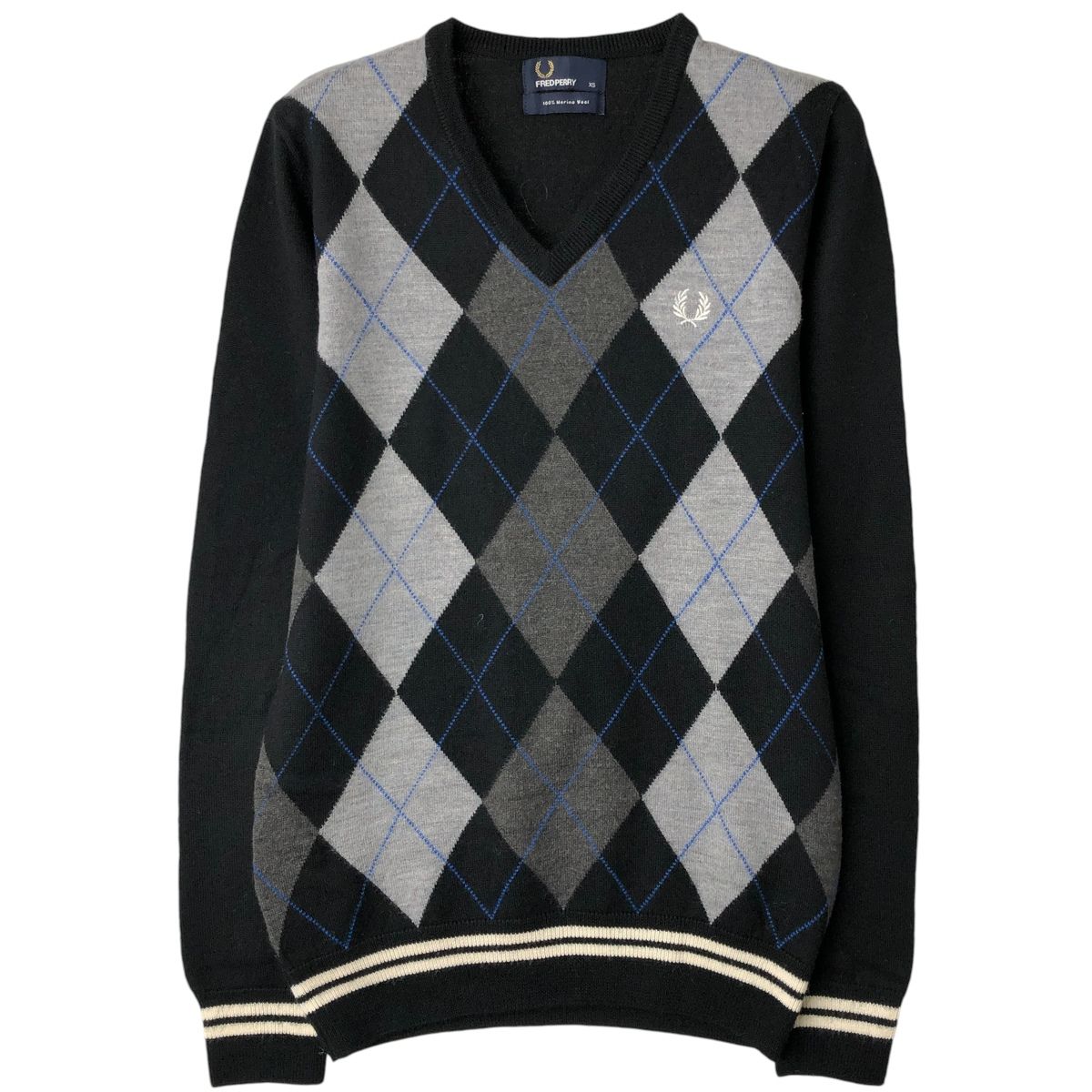 古着 フレッドペリー FRED PERRY アーガイル柄 Vネック メリノウール 