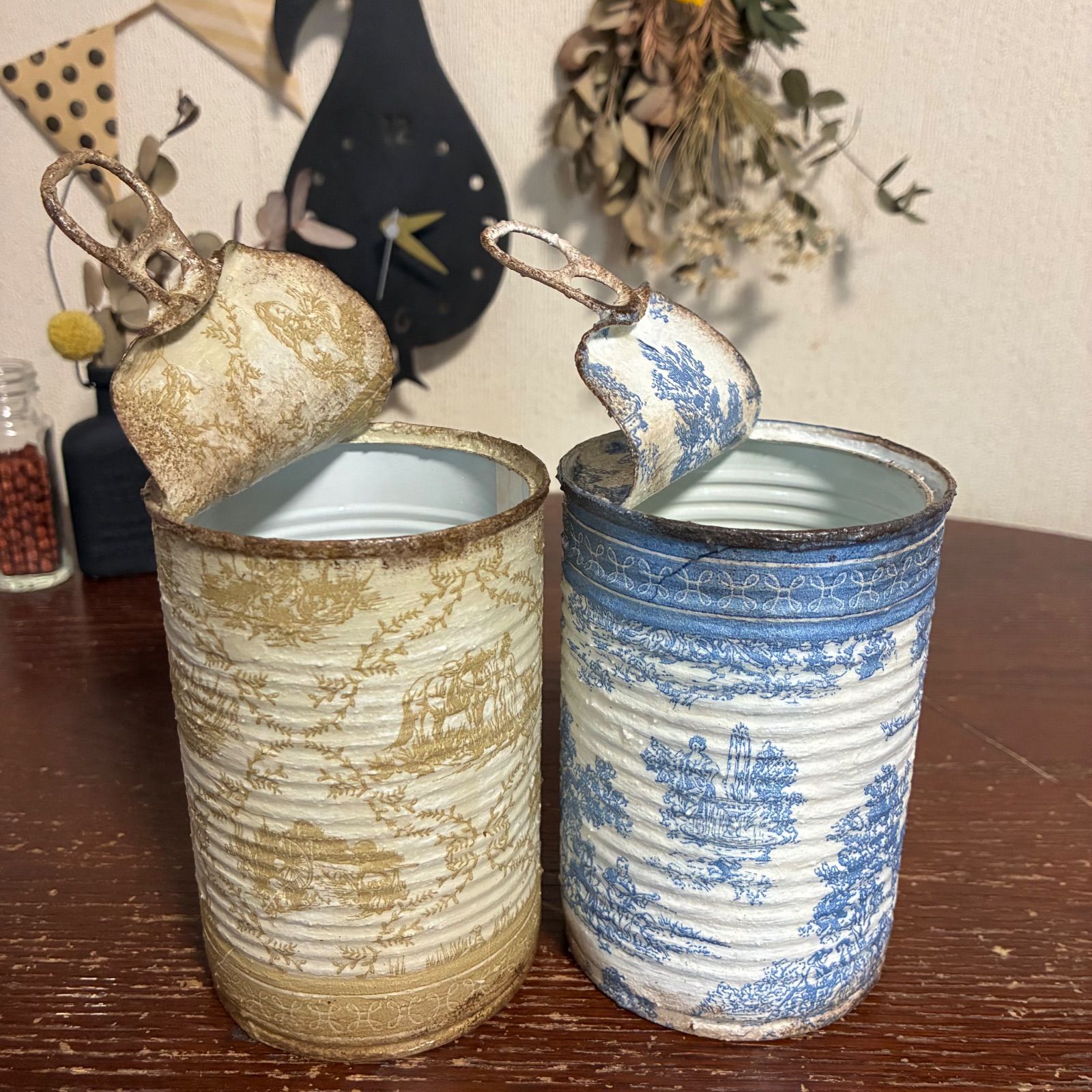 蓋付きトマト缶のラッピング缶 トワルドジュイ柄 2個セット (ベージュ