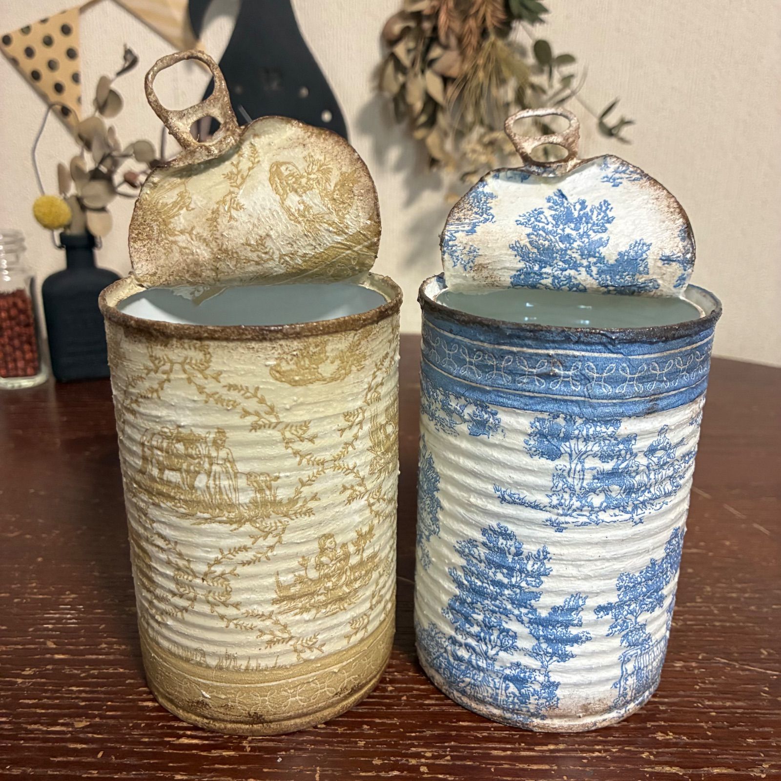 蓋付きトマト缶のラッピング缶 トワルドジュイ柄 2個セット (ベージュ