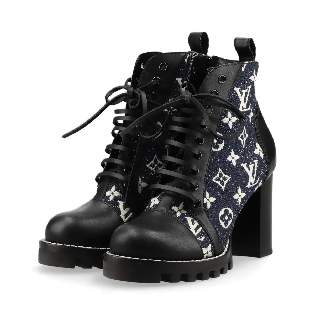 美品✨ ルイヴィトン レザー切替 モノグラム 総柄 ヒール ブーツ 36 1/2 美品 ルイヴィトン スタートレイルライン モノグラム デニム レザー