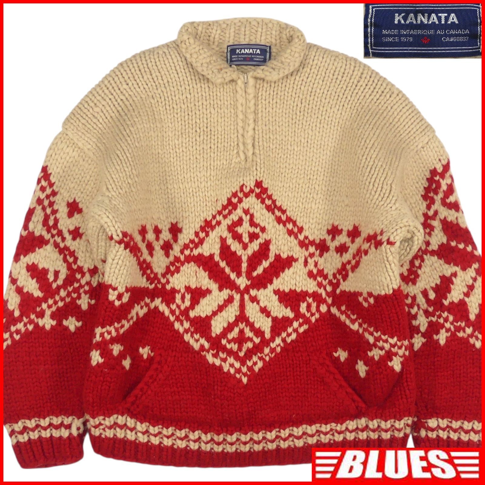 カウチンセーター kanata ニット XL カナダ製 カナタ ベージュ 赤