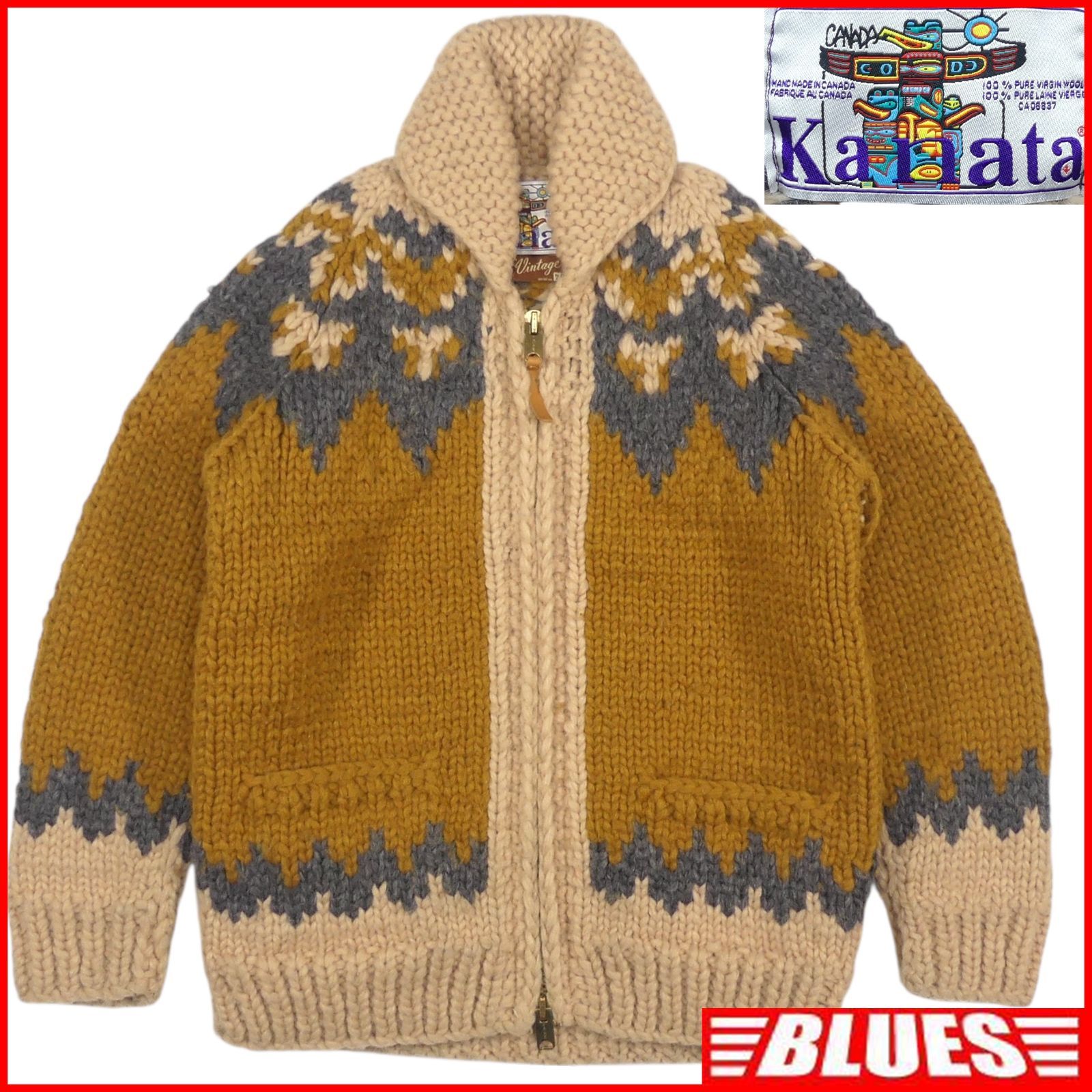 カウチンセーター kanata ニット L カナダ製 カナタ 茶 幾何学模様 50s