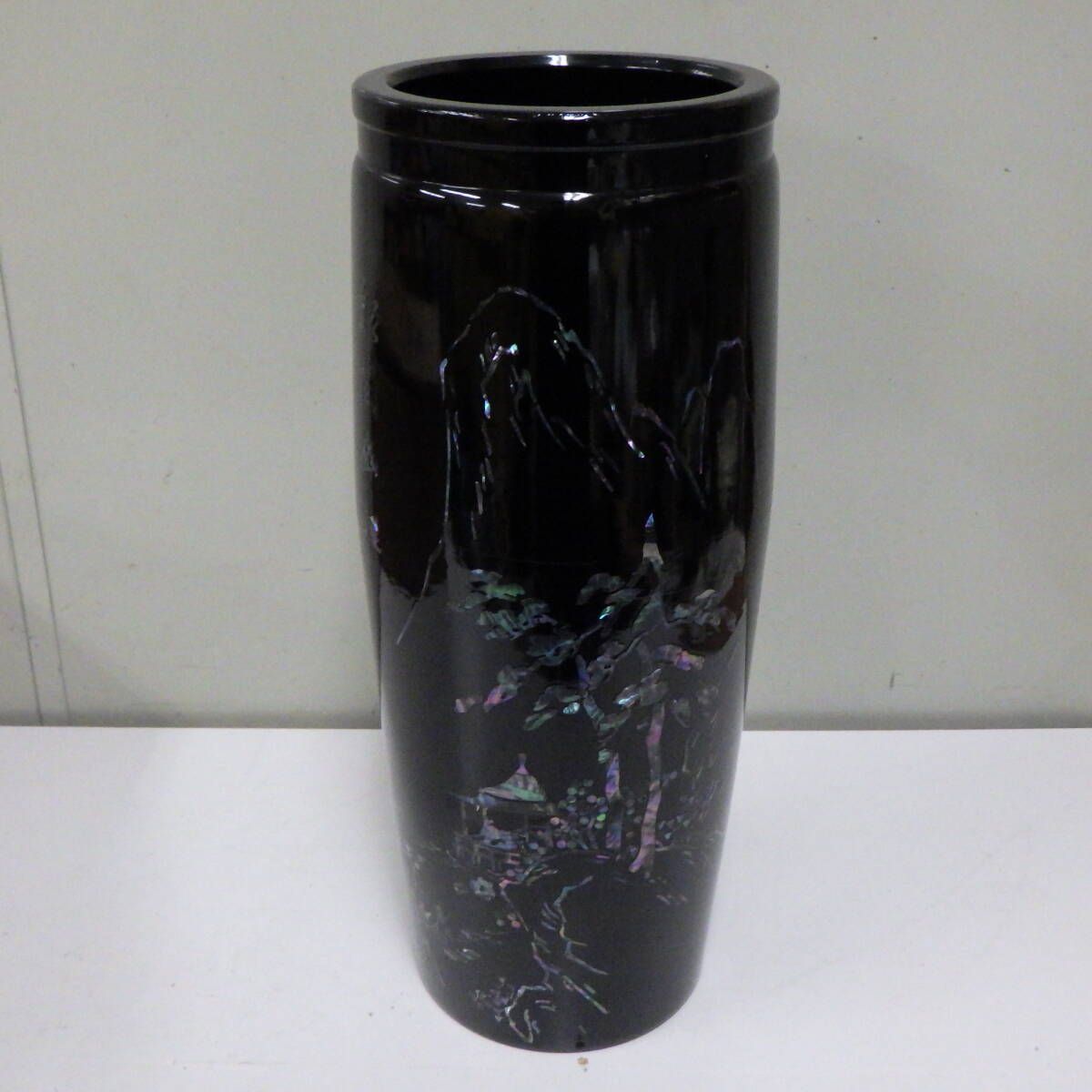 昭和 レトロ アンティーク 木曽漆器 山水画 螺鈿細工 花器 花瓶 飾り壺
