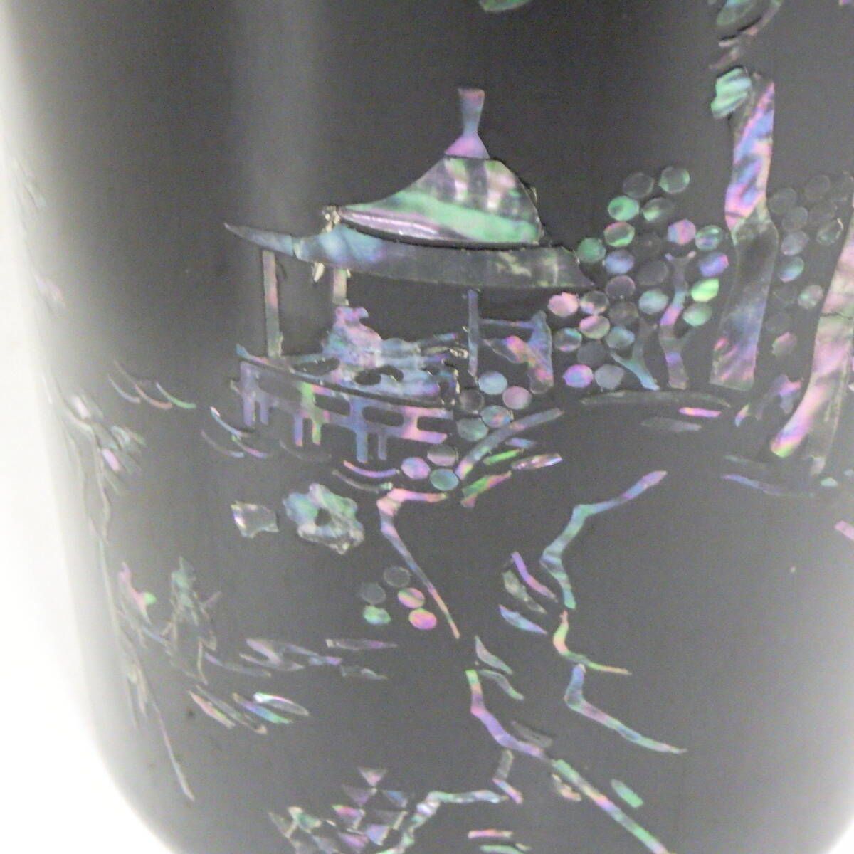 昭和 レトロ アンティーク 木曽漆器 山水画 螺鈿細工 花器 花瓶 飾り壺